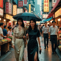 港风女子穿越市集的怀旧浪漫之旅