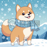 可爱的雪中柴犬，蓝围巾的可爱形象