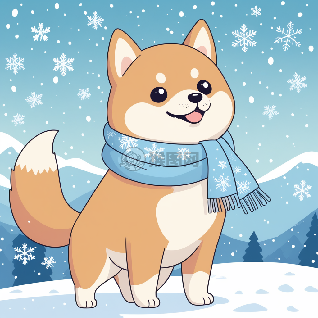 可爱的雪中柴犬，蓝围巾的可爱形象