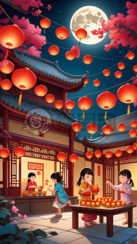 中秋夜月下欢度传统节，儿童放灯赏月饼。