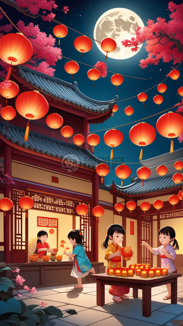 中秋夜月下欢度传统节，儿童放灯赏月饼。