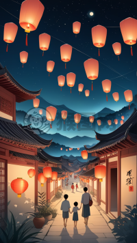 中秋夜 中国村庄家庭放飞天灯的宁静之夜