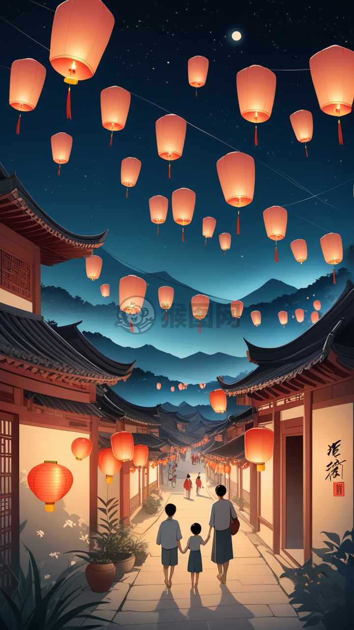 中秋夜 中国村庄家庭放飞天灯的宁静之夜