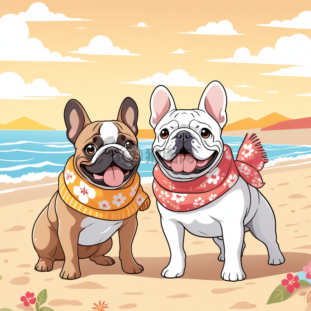 海滩上的花环犬与伴侣的快乐时光