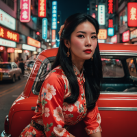 港风霓虹记忆：黑长卷女与红出租的爱恋