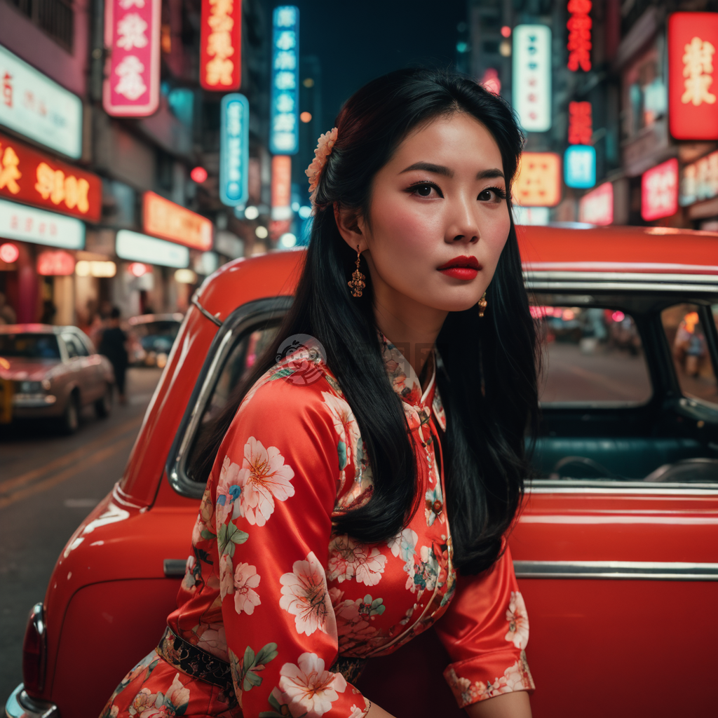 港风霓虹记忆：黑长卷女与红出租的爱恋