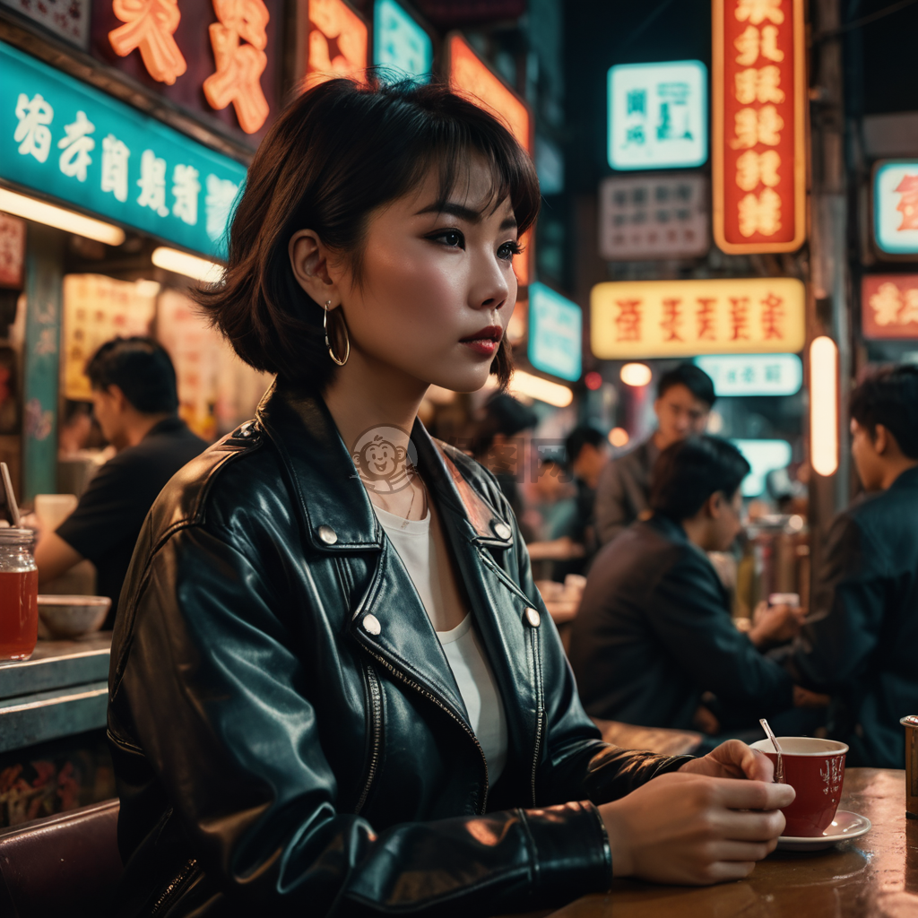 港风美女吃街头小吃，黑色皮夹克配环耳饰，霓虹灯下风情万种