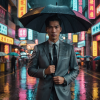 港风复古，雨中独行，灰色西装，黑色领带，手持雨伞，自信淡定，80年代经典，电影质感，4K画质之旅