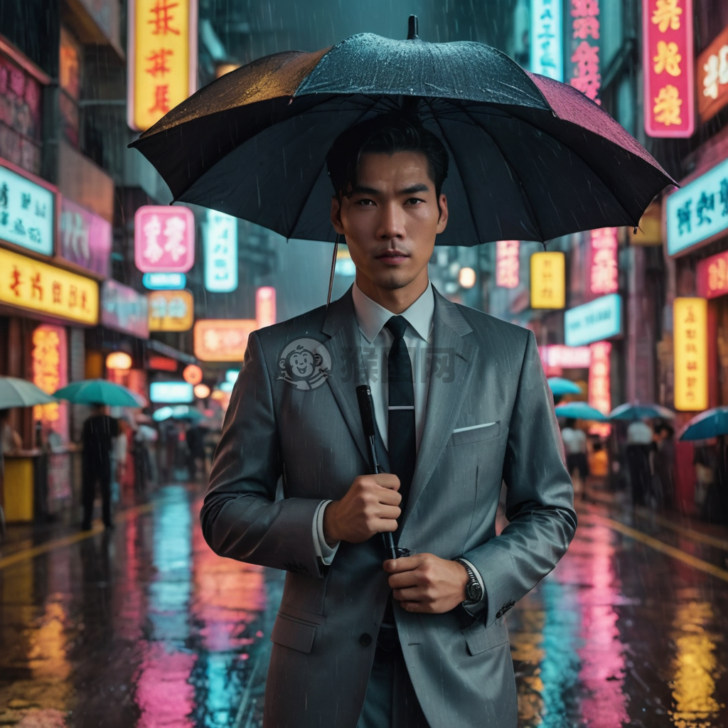 港风复古，雨中独行，灰色西装，黑色领带，手持雨伞，自信淡定，80年代经典，电影质感，4K画质之旅