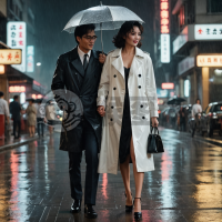 港风复古，女子雨中漫步，浪漫氛围尽显