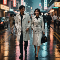 港风微雨，白雨衣黑高跟女子与男子同行，微微笑意，霓虹映湿街，80年代香港风情，4K画质。