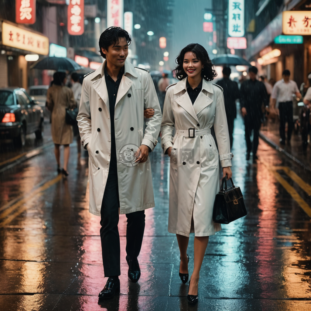 港风微雨，白雨衣黑高跟女子与男子同行，微微笑意，霓虹映湿街，80年代香港风情，4K画质。