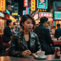 港风美女茶摊独饮，黑皮短bob配环耳，迷离氛围似电影