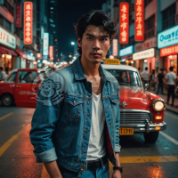 港风潮流，黑发酷男，牛仔外套白T恤，倚红出租夜光影，幽默嬉笑复古情，80年代街头四K照。