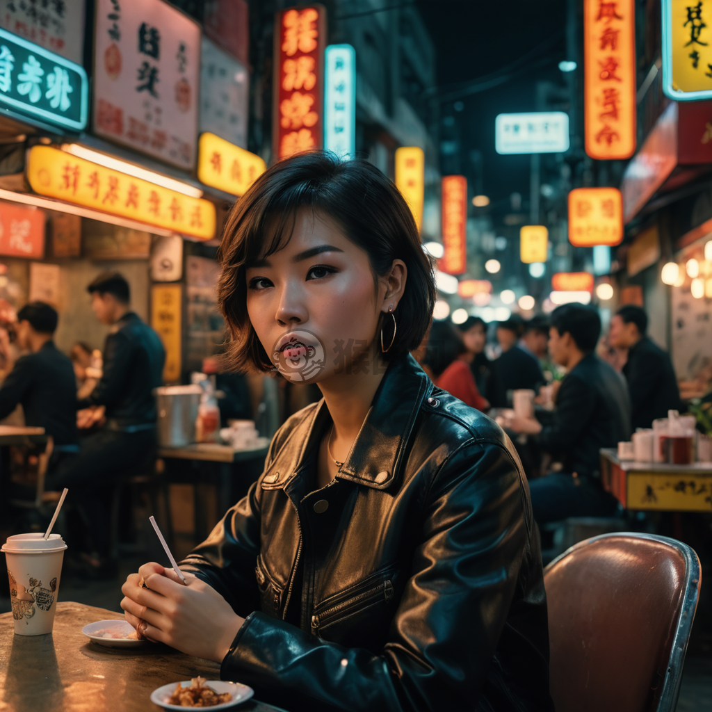 香港复古街头，女子短发黑衣吃茶饼，夜幕低垂下的风情画卷