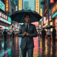 港风复古，雨中独行，灰色西装，黑色领带，手持雨伞，自信淡定，80年代经典风情，电影质感，4K画质。