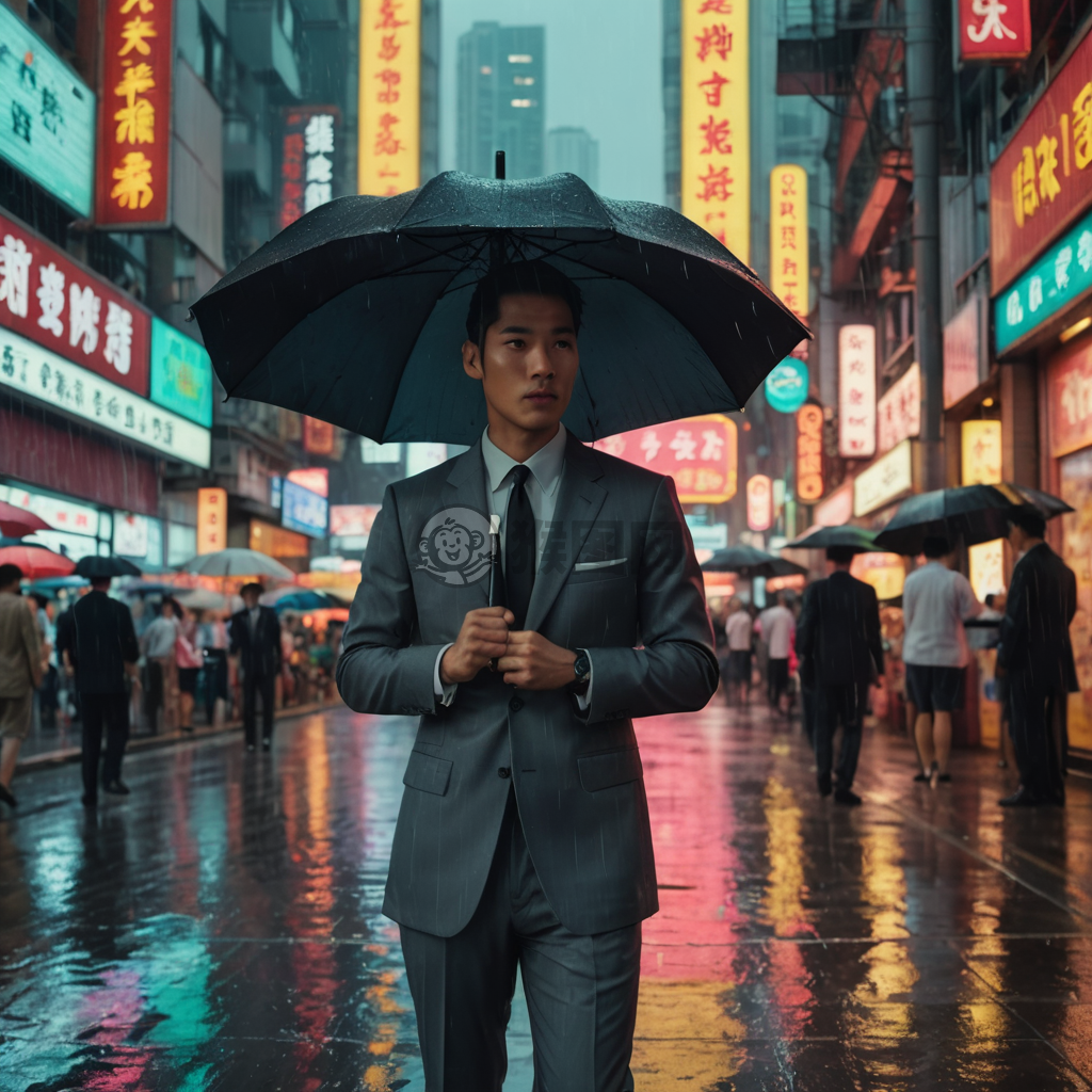 港风复古，雨中独行，灰色西装，黑色领带，手持雨伞，自信淡定，80年代经典风情，电影质感，4K画质。