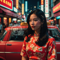 标题可以是：“80年代香港复古风情：长发黑裙女郎坐红车顶，镜头中的风华绝代”。