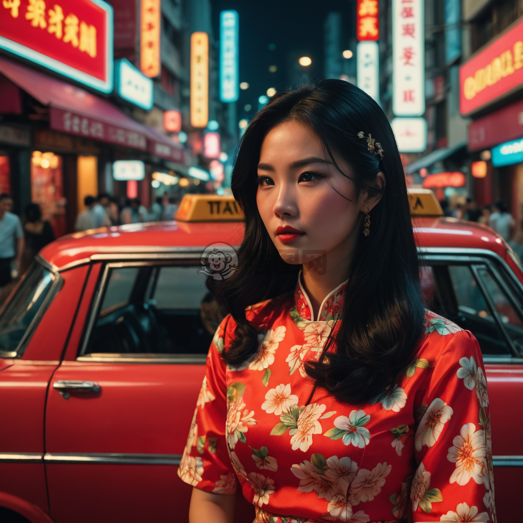标题可以是：“80年代香港复古风情：长发黑裙女郎坐红车顶，镜头中的风华绝代”。