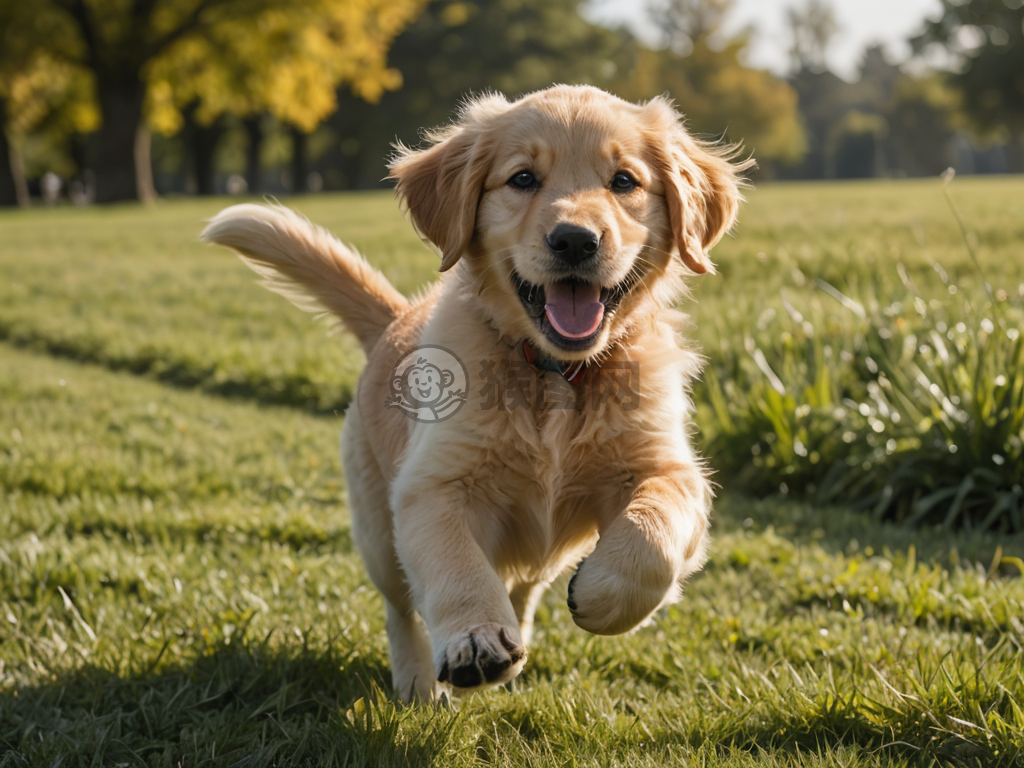阳光下草地奔跑的调皮金毛犬幼犬片头画面