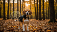 森林秋日奇遇：好奇牧羊犬探索落叶之地