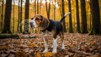 森林秋日奇景：好奇猎犬嗅地探寻