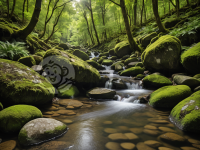 山涧碧水光影秀丽。