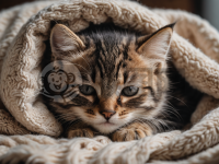 可爱的小猫蜷缩在柔软毯子中熟睡的照片