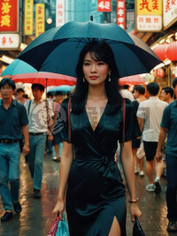 港风旧影：黑发女子撑伞漫步市场