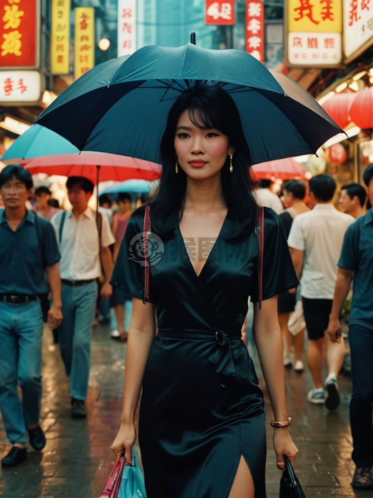 港风旧影：黑发女子撑伞漫步市场