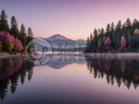 黎明湖畔静谧秋景，淡紫色天空下柔和晨雾与静谧山川的交相辉映。