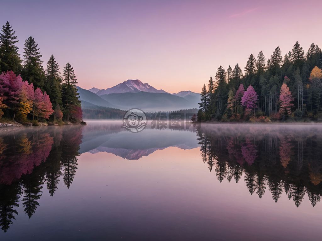 黎明湖畔静谧秋景，淡紫色天空下柔和晨雾与静谧山川的交相辉映。