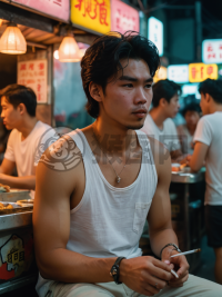 香港街头美食摊主，黑发微乱，身着白T恤宽松裤，倚靠霓虹灯下抽着烟，独特风格吸引众人目光。