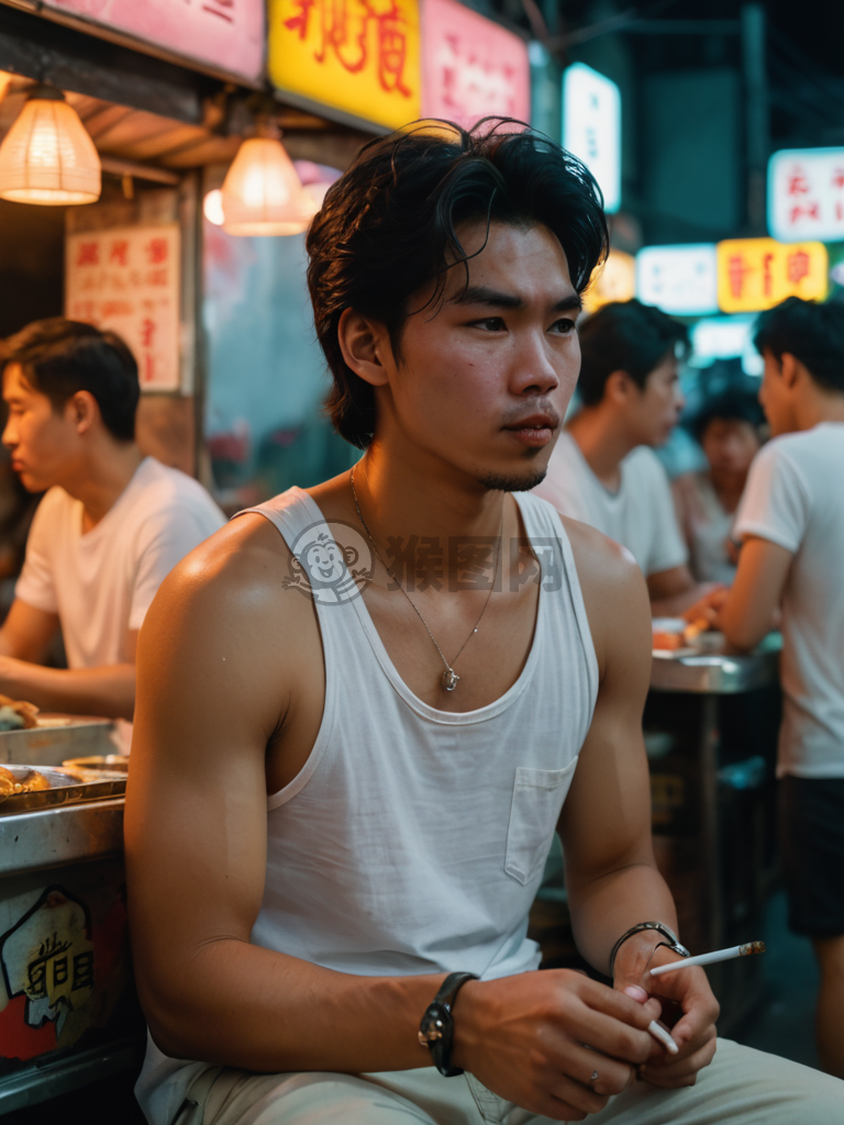 香港街头美食摊主，黑发微乱，身着白T恤宽松裤，倚靠霓虹灯下抽着烟，独特风格吸引众人目光。
