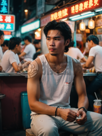 港风青年街头美食摊前吸烟，80年代香港电影般的光影与4K分辨率的视觉冲击。