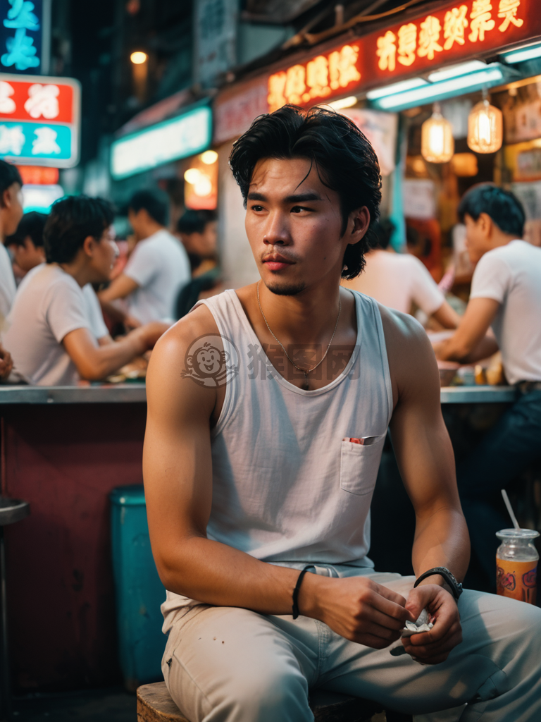 港风青年街头美食摊前吸烟，80年代香港电影般的光影与4K分辨率的视觉冲击。