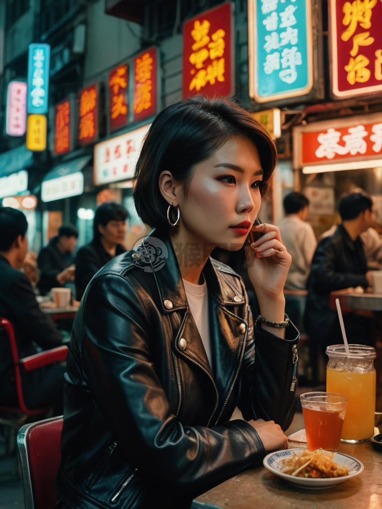 港风美女茶摊赏味 80年代霓虹下的复古风情