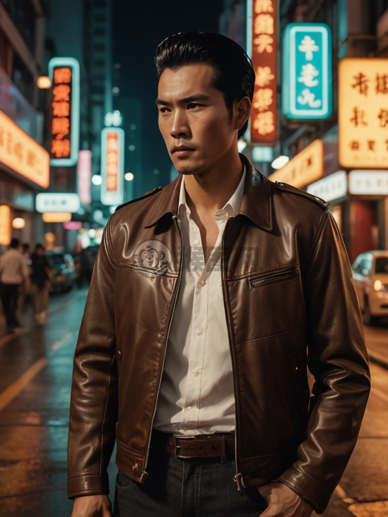 复古港风，黑发帅哥，街灯下沉思，皮革外套与白衬衫，怀旧气息与电影暗黑风格交织，呈现香港八十年代的4K分辨率画面。