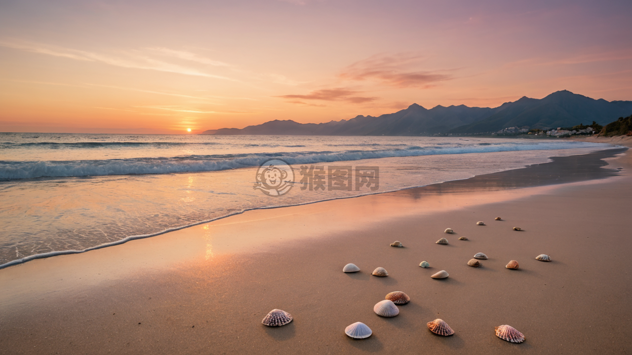 宁静海滩日暮照，金色波光映海滩