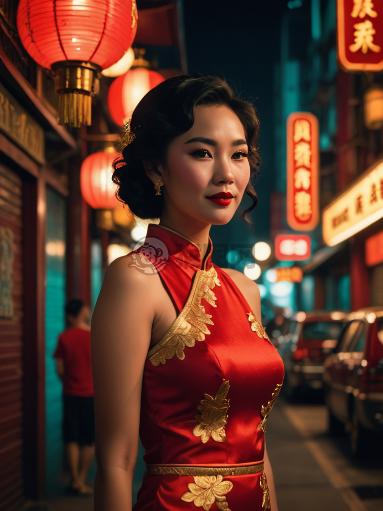 香港复古风女子，倚灯抽烟绣红衫