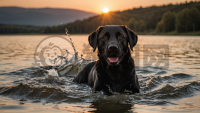 夕阳下湖中嬉水的黑色拉布拉多犬的照片