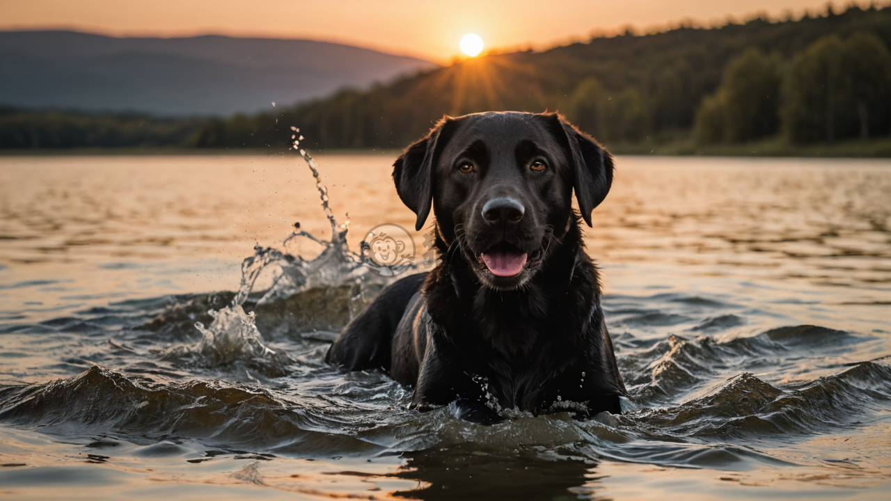 夕阳下湖中嬉水的黑色拉布拉多犬的照片