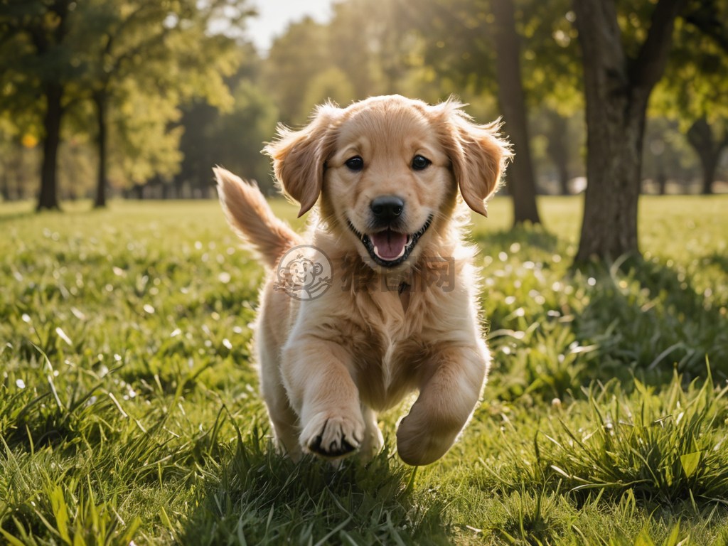 阳光下奔跑的活泼金毛犬园跑照片