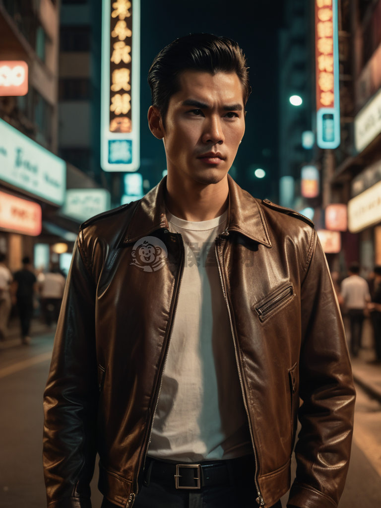 港风烟幕浓重，黑色背头英俊男人站在霓虹灯下的复古街景中。