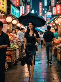 港风女子漫步市场，黑发丝带微笑，繁华市场灯红酒绿