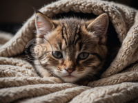 可爱的小猫窝在柔软毯子中熟睡