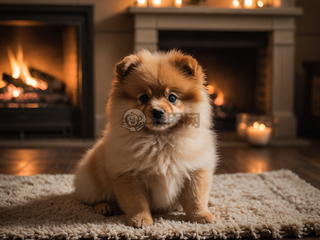炉边毛茸茸的小犬之温馨写真