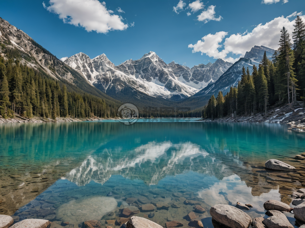 雪山碧湖，清晰如水晶的翠绿湖泊，环绕着巍峨的雪山。