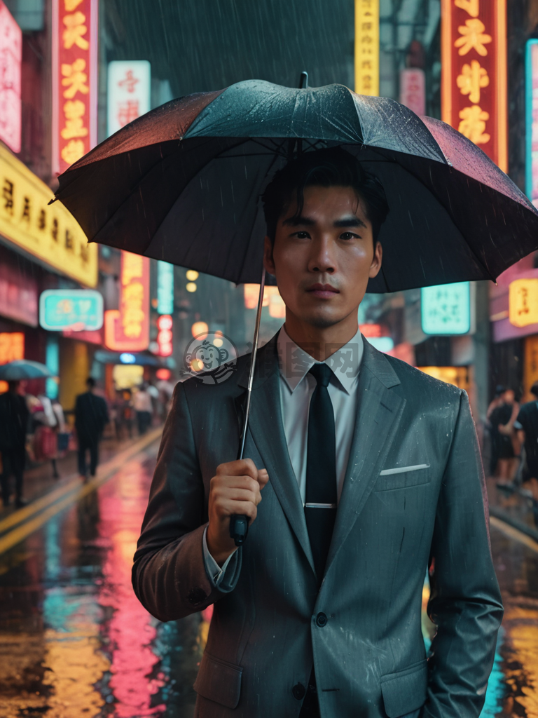 香港雨中魅力，灰色西装潮男形象