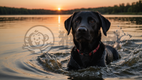 夕阳下湖中嬉水的黑色拉布拉多犬的照片